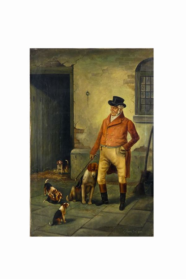 Morris J. (Inghilterra XIX - XX Secolo) - &quot;Nobiluomo con cani da caccia&quot;. Firmato e datato 1905