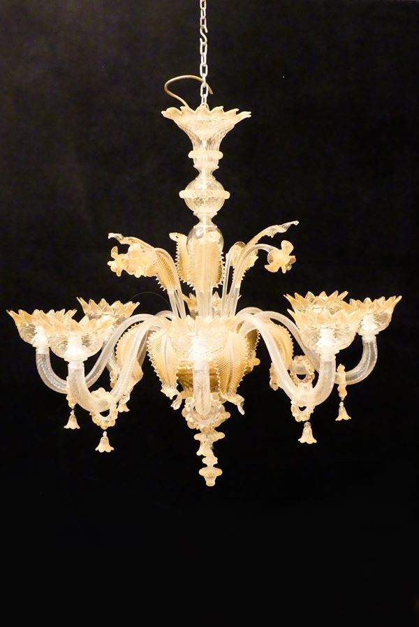 Transparent Murano blown glass chandelier, 8 lights  (60's)  - Auction Timed Auction - Antiques, Furniture, Paintings from the 17th to the 20th Century, Silver, Various Meissen and Ginori Porcelains, Icons, Bronzes, Miscellaneous - Gelardini Aste Casa d'Aste Roma