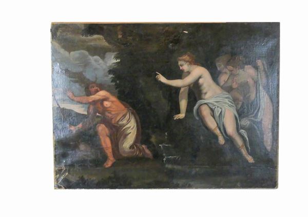 Pittore Emiliano XVII Secolo - &quot;Diana e Atteone&quot; dipinto ad olio su tela