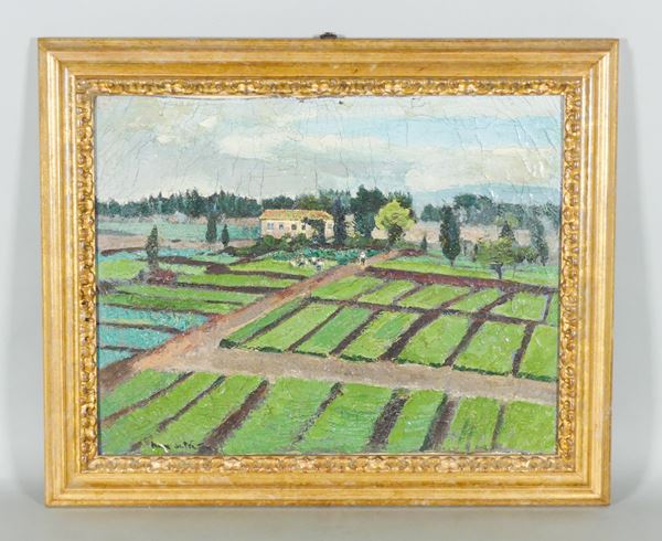 Pittore Italiano Fine XIX - Inizio XX Secolo - &quot;Paesaggio con cascina e contadini nei campi&quot;. Firmato, dipinto ad olio su tela 