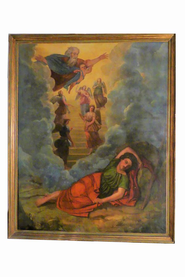 Pittore Emiliano Fine XVII Secolo - &quot;Il sogno di Giacobbe con Dio Padre&quot; dipinto ad olio su tela