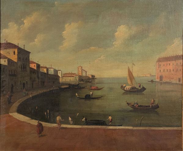 Pittore Veneto XIX Secolo - &quot;Veduta di Venezia con gondole e personaggi&quot;