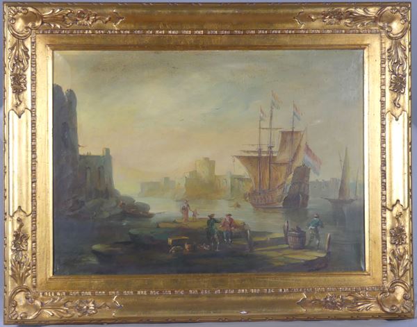 Scuola Italiana Inizio XX Secolo - &quot;Marina with a view of the port, vessel and figures&quot;