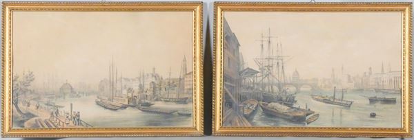 Pittore Francese Fine XIX Secolo - &quot;Views of Paris with the Seine, boats and ships&quot;