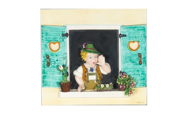 Tarcisio Tosin - La Freccia - Vicenza. Signed. &quot;Child at the window&quot; glazed terracotta plate
