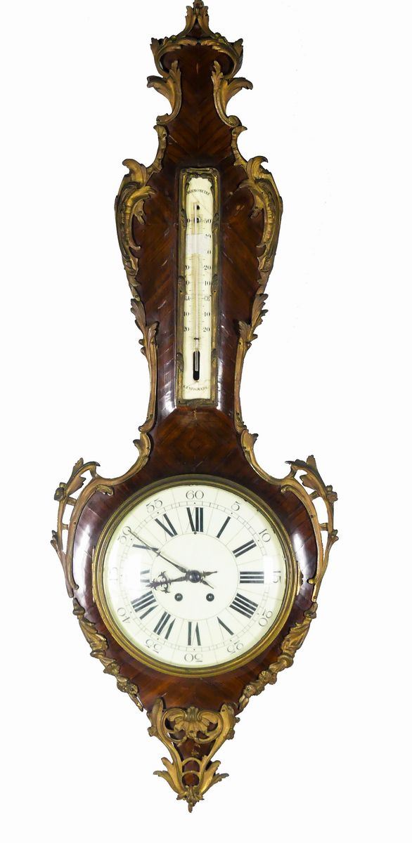 Wall clock with barometer in purple ebony and bronzes