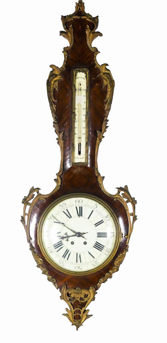 Orologio da muro con barometro in ebano viola e bronzi