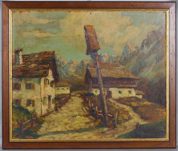 Francesco Giancotti - &quot;Alpine landscape with huts and aedicule&quot;. Signed