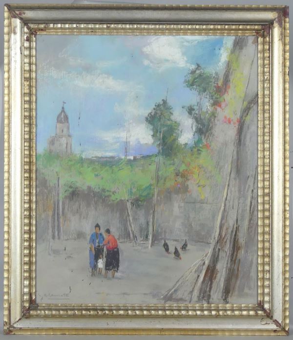 Antonio Cannata - &quot;Courtyard with peasants and chickens&quot;. Signed