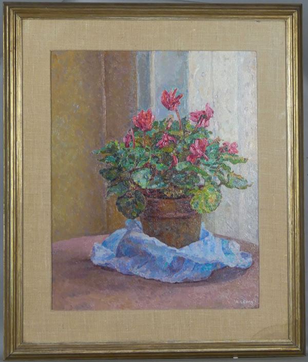 A. Cespa,Pittore Italiano Prima Met&#224; XX Secolo - &quot;Vaso di ciclamini&quot;. Firmato