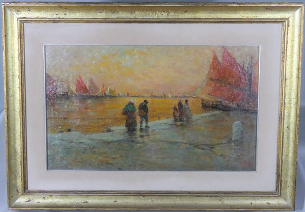 Pietro Brenda - &quot;Marina with sunset and the landing place for fishermen&quot;. Signed