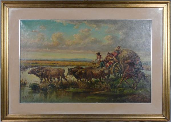 Giulio Marchetti - &quot;Campagna maremmana con contadini e carretto con bufale&quot;. Firmato, dipinto ad olio su tela