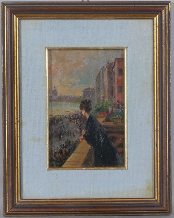 Pittore Italiano Fine XIX - Inizio XX Secolo - &quot;View of Venice with the carnival and girl on the balcony&quot;. Signed
