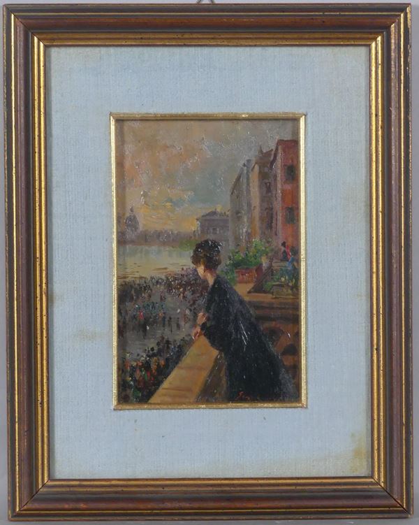 Pittore Italiano Fine XIX - Inizio XX Secolo - &quot;Veduta di Venezia con il carnevale e ragazza sul balcone&quot;. Firmato