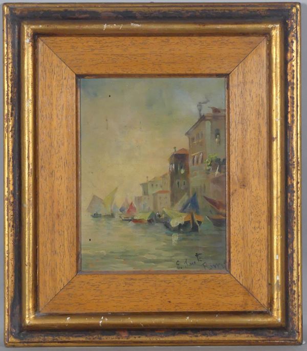 E. Santi - &quot;View of Venice with boats&quot;. Signed and registered in Rome.