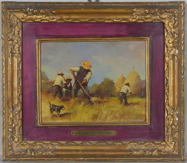 Amelia Daforno Casonato - &quot;Peasants who harvest wheat&quot;. Signed and dated