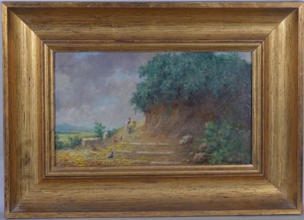 Francesco Ferraresi - &quot;Landscape with farmer and chickens&quot;. Signed