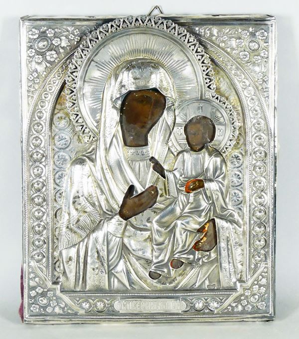 Icona Russa &quot;Madre di Dio di Iver&quot; con rizza in argento