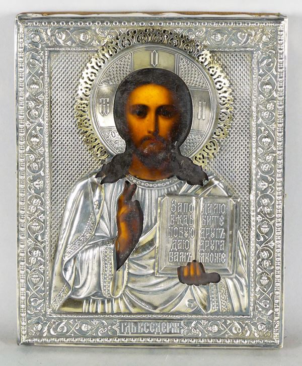 Piccola Icona Russa &quot;Cristo Pantocrator&quot; con rizza in argento
