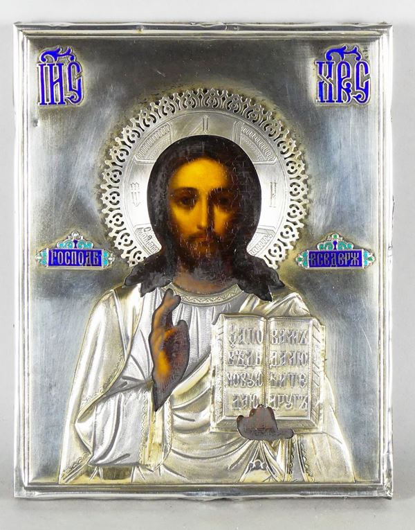 Small Russian Icon &quot;Christ Pantocrator&quot; with silver bridle