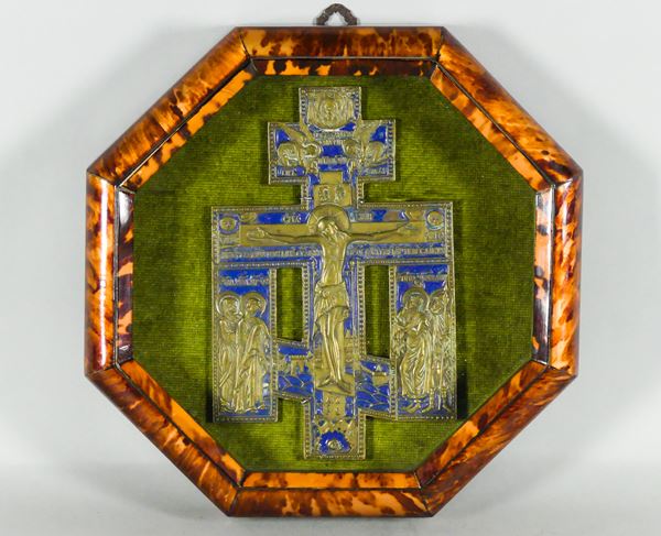 Crucifixion in gilded bronze and blue enamel