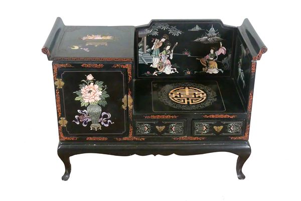 Japanese furniture in black lacquered wood with applied decorations
