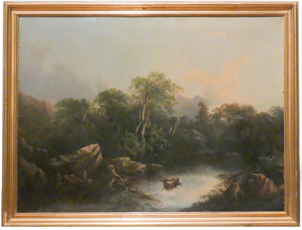 Pittore Austriaco XIX Secolo - &quot;Paesaggio boschivo con cervo e corso d&#39;acqua&quot;