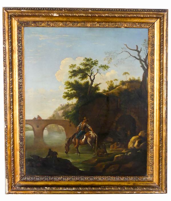 Scuola Italiana XVII Secolo - &quot;Paesaggio con viandante a cavallo e ponte&quot; dipinto ad olio su tela