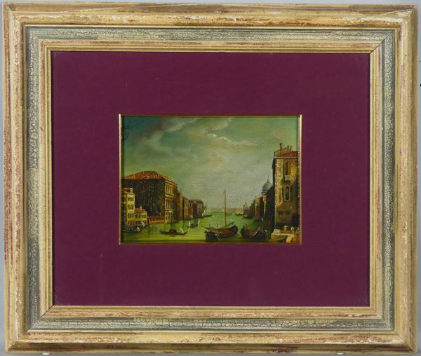 Scuola Veneta Inizio XX Secolo - &quot;Veduta di Venezia con il Canal Grande&quot; piccolo dipinto ad olio su tavoletta