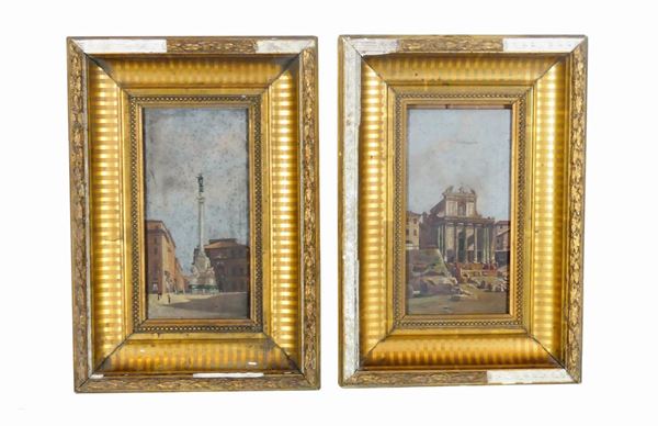 Pittore Romano Seconda Met&#224; XIX Secolo - &quot;Veduta del Foro con chiesa e Piazza Mignanelli&quot; 