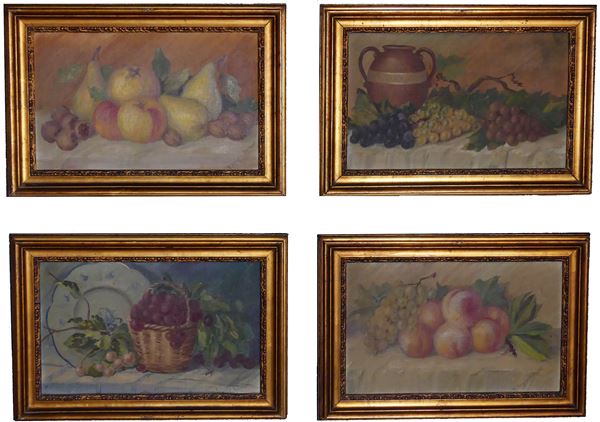 Padre Angelo  Molinari - &quot;Nature morte di frutta&quot;. Firmati, quattro piccoli dipinti ad olio