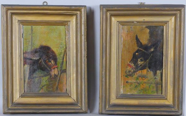 Pittore Napoletano XIX Secolo - &quot;Asinelli&quot; coppia di piccoli dipinti