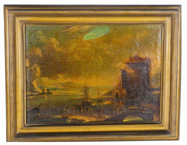 Pittore Italiano Inizio XIX Secolo - &quot;Marina with a view of the port, characters and tower&quot;