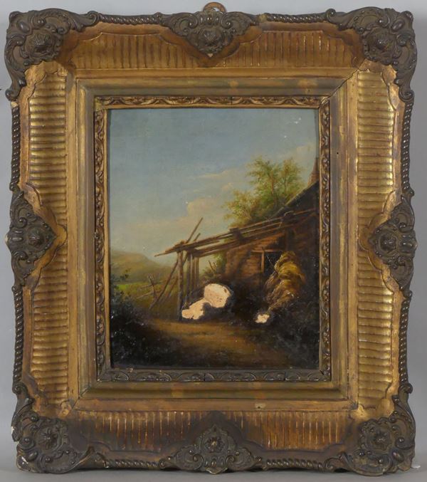 Scuola Italiana XIX Secolo - &quot;Landscape with stable&quot;