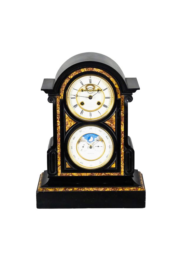 Antique table clock with moon phases in the shape of a temple in black Belgian and red brecciated marble