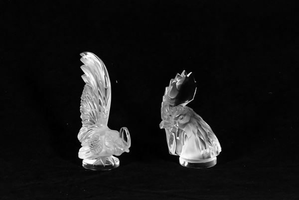 Due Sculture in cristallo Lalique &quot;Gallo e Pappagallo&quot;