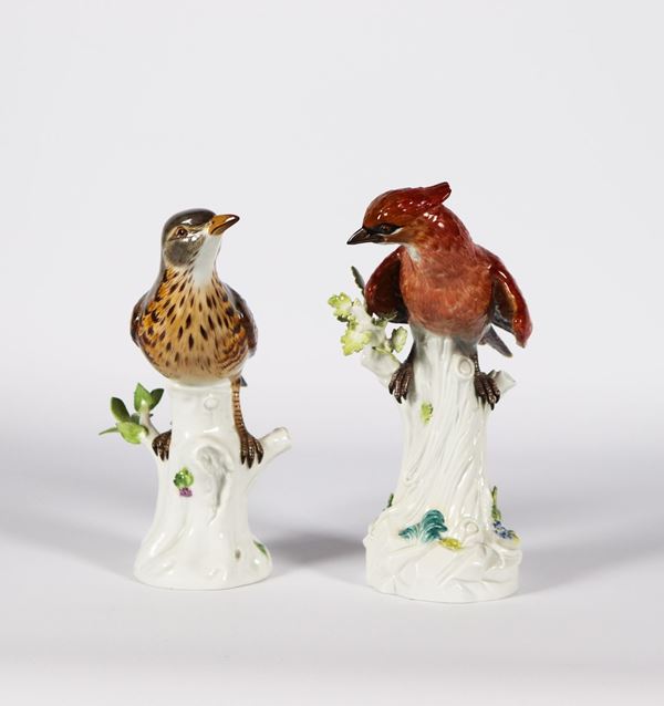 Due Sculture in porcellana policroma Meissen &quot;Uccello e pappagallo su tronchi d&#39;albero&quot;