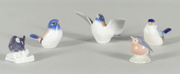 Four birds and a mouse in Royal Copenhagen polychrome porcelain