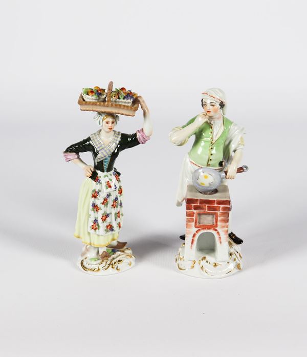 Pair of small polychrome Meissen porcelain sculptures &quot;Fruit seller and cook&quot;