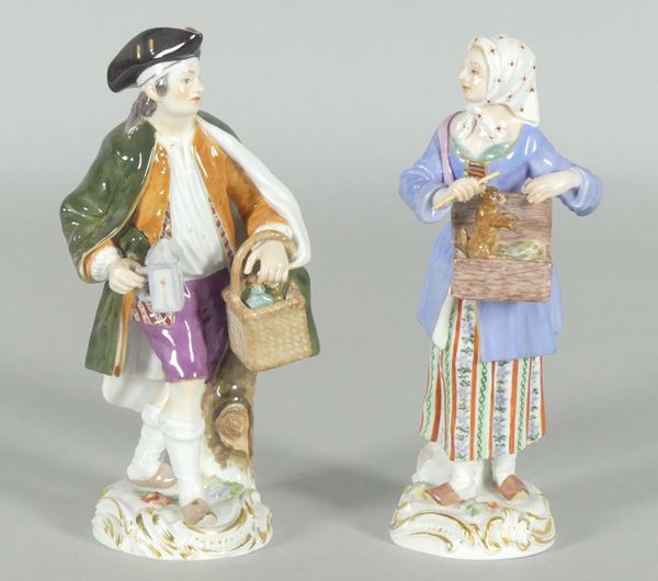 Due piccole Sculture &quot;Venditrice di selvaggina e venditrice di olio per lanterne&quot; in porcellana Meissen