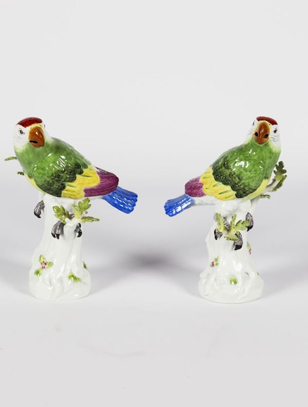 Coppia di piccole Sculture in porcellana policroma e smaltata Meissen &quot;Pappagalli su tronchi d&#39;albero&quot;