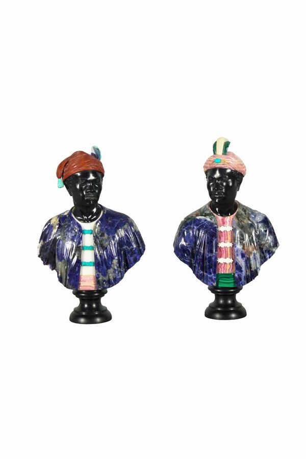 Pair of small "Moretti" busts in various precious polychrome marbles