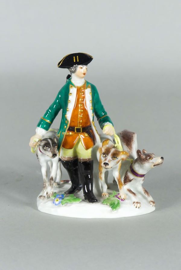Piccolo gruppo &quot;Cavaliere con cani da caccia&quot; in porcellana Meissen