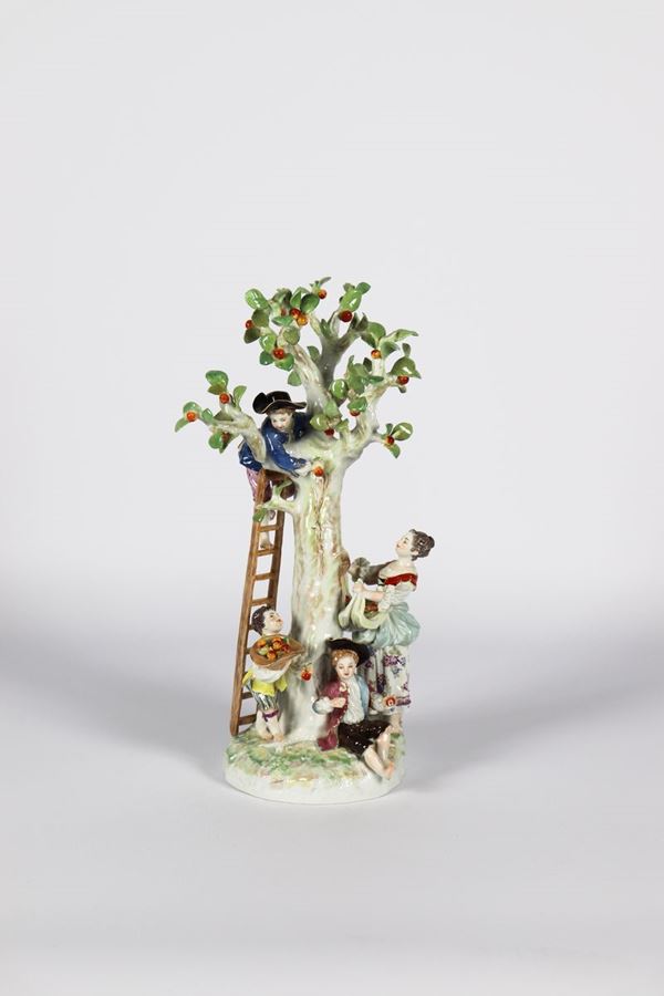 Meissen enamelled polychrome porcelain group &quot;The apple harvest&quot;