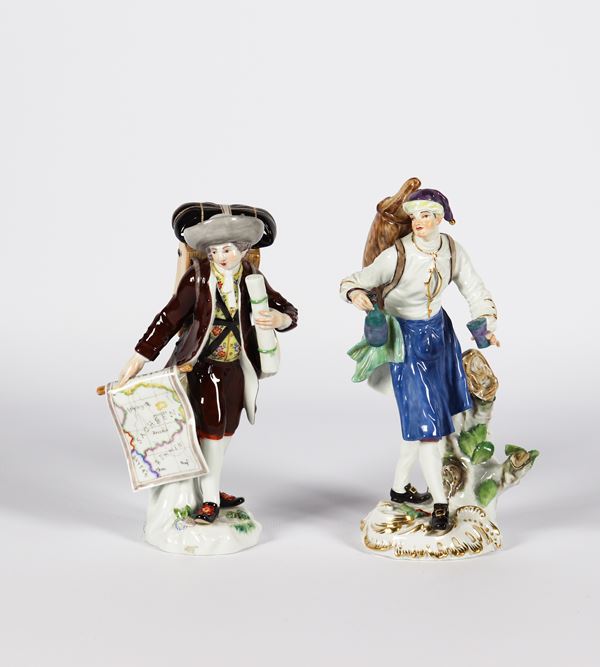 Pair of sculptures in polychrome and enamelled porcelain Meissen &quot;Explorer and wine seller&quot;