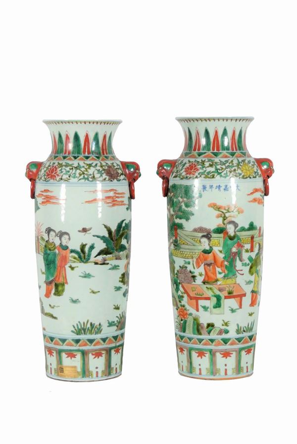 Pair of Chinese Green Family Vases in glazed relief porcelain
