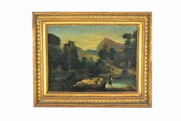 Scuola Italiana XIX Secolo - &quot;Landscape with stream, fisherman and wayfarers&quot;