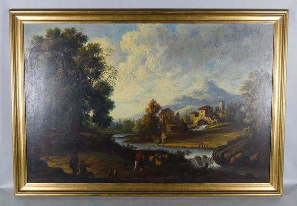 Manrico Marinozzi - &quot;Paesaggio con borgo, pastore con gregge, lavandaie e corso d&#39;acqua&quot;. Firmato.