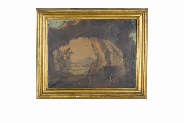 Scuola Napoletana Fine XVIII - Inizio XIX Secolo - &quot;Landscape with cave, characters and the Gulf of Baia in the background&quot;