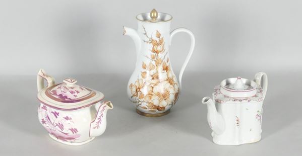 Coffee pot and two teapots in polychrome porcelain